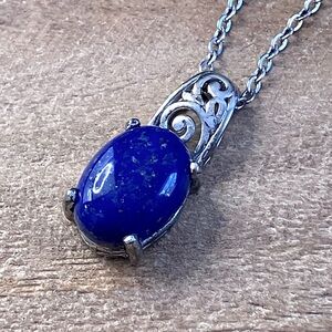 Petite Lapis Lazuli Cabochon Pendant Necklace Stainless Steel Chain
